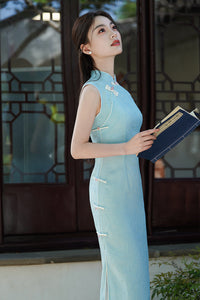 Aqua Jacquard Modern Qipao Maxi | Mandarin Neck with Floral Frog Buttons