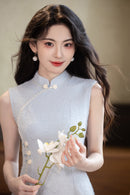 Light Blue Floral Sleeveless Qipao Dress | Slim Mandarin Midi