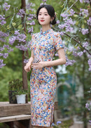 Fresh Multicolour Floral Short Qipao Dress | Summer Short Sleeve Mandarin Collar Slim Midi Cheongsam