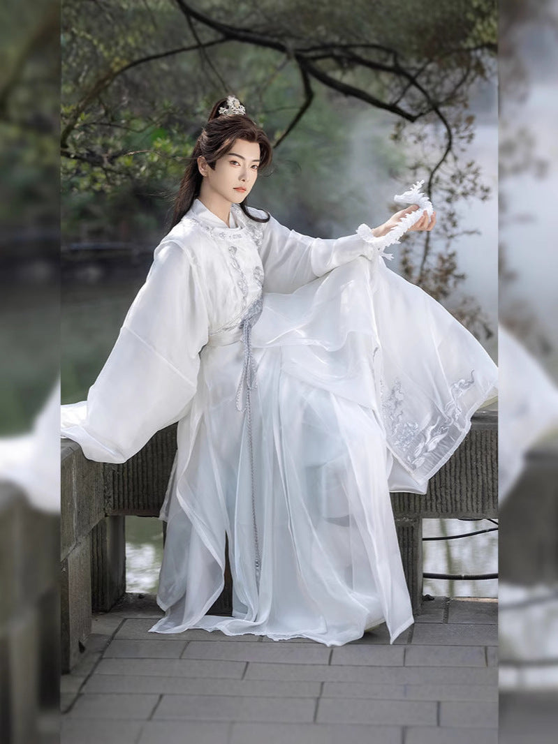 Traditional Chinese Hanfu Elegant White Silk Costume with Embroidered Designs for Men