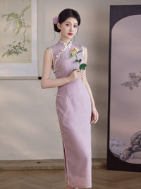 Lilac Jacquard Sleeveless Qipao Maxi Dress | Mandarin Collar Piped Slim Cheongsam