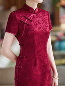 Red Jacquard Qipao for Mother | Mandarin Collar with Frog Buttons
