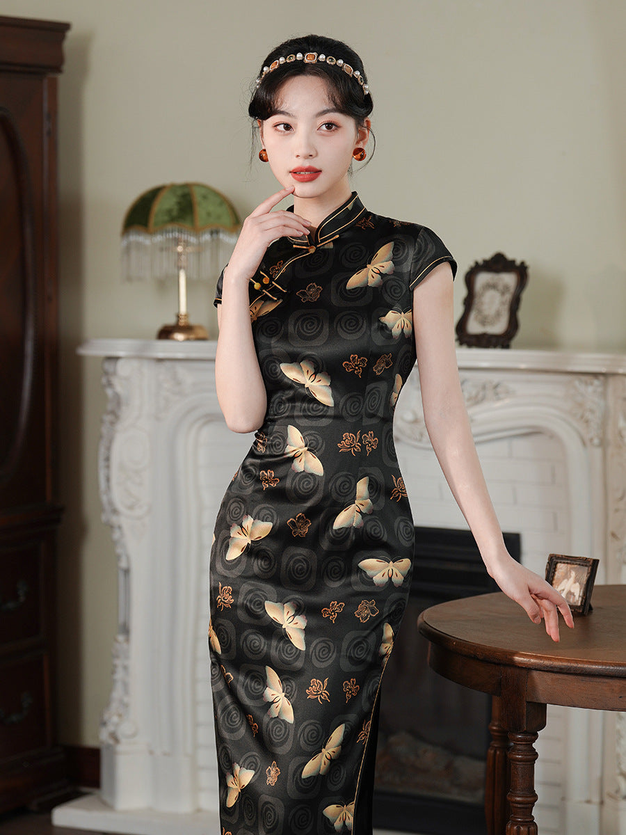 Silk Cheongsam Dress with Floral Butterfly Pattern