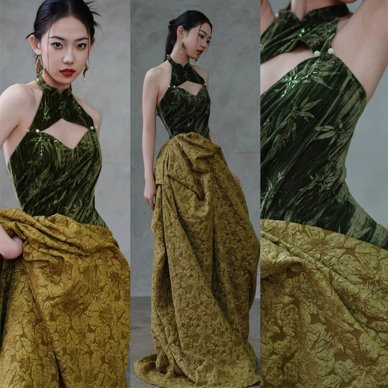 Dark Green Vintage Jacquard Dress Set | Gold Brown Banquet Look