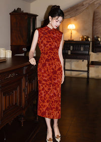 Sleeveless Red Long Qipao | Modern Mandarin Slim Jacquard Gown