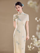 Ivory Blue Floral Embroidered Short Sleeve Qipao Maxi Dress | Mandarin Collar Slit Cheongsam