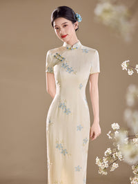 Ivory Blue Floral Embroidered Short Sleeve Qipao Maxi Dress | Mandarin Collar Slit Cheongsam
