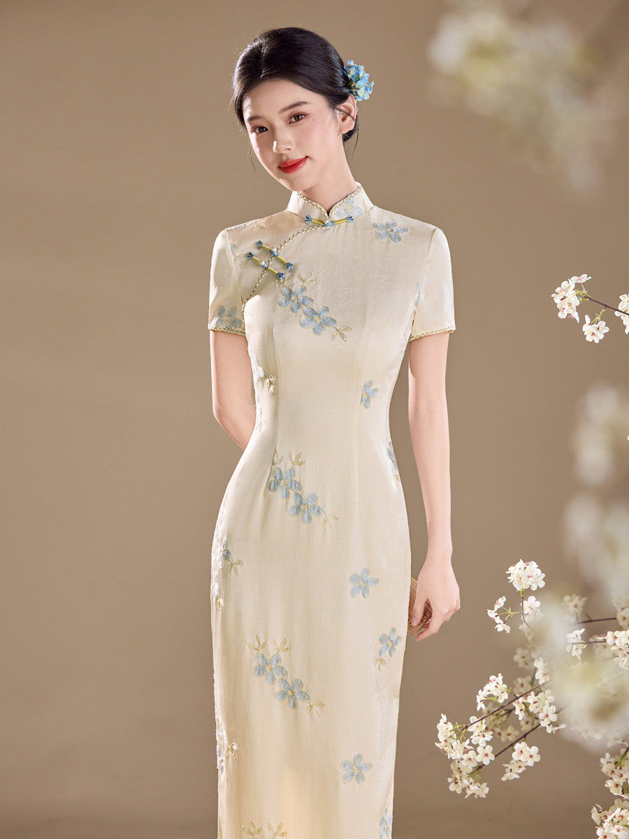 Ivory Blue Floral Embroidered Short Sleeve Qipao Maxi Dress | Mandarin Collar Slit Cheongsam