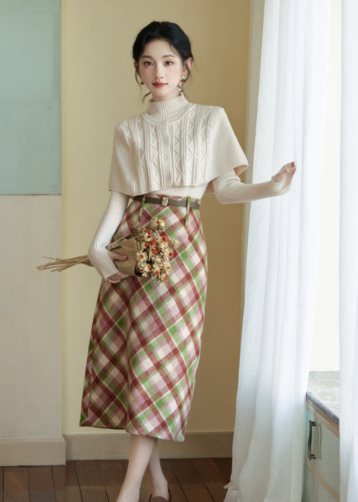 High-Waist Plaid Wool Skirt Set | Two Knit Tops Options
