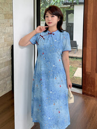 Plus Size Blue Floral Qipao Dress | Summer Breathable Jacquard