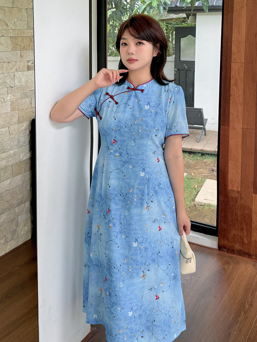 Plus Size Blue Floral Qipao Dress | Summer Breathable Jacquard