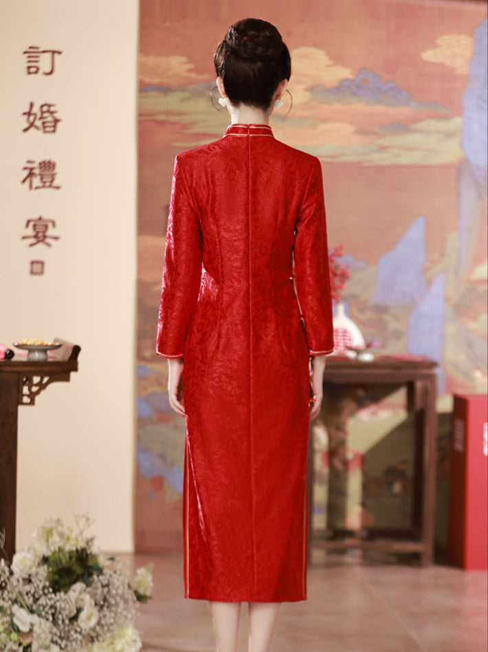 Spring Red Jacquard Long Cheongsam | Classic Chinese Wedding Tea Ceremony Dress