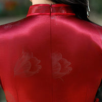 Wine Red Jacquard Satin Qipao Dress | Mandarin Collar Slim Split Cheongsam Evening Gown
