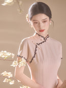 Pink Lace-Trim Qipao Midi Dress | Mandarin Collar Slim Cheongsam with Side Slit