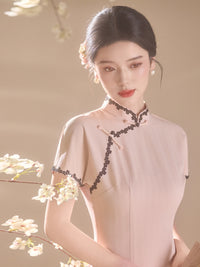 Pink Lace-Trim Qipao Midi Dress | Mandarin Collar Slim Cheongsam with Side Slit