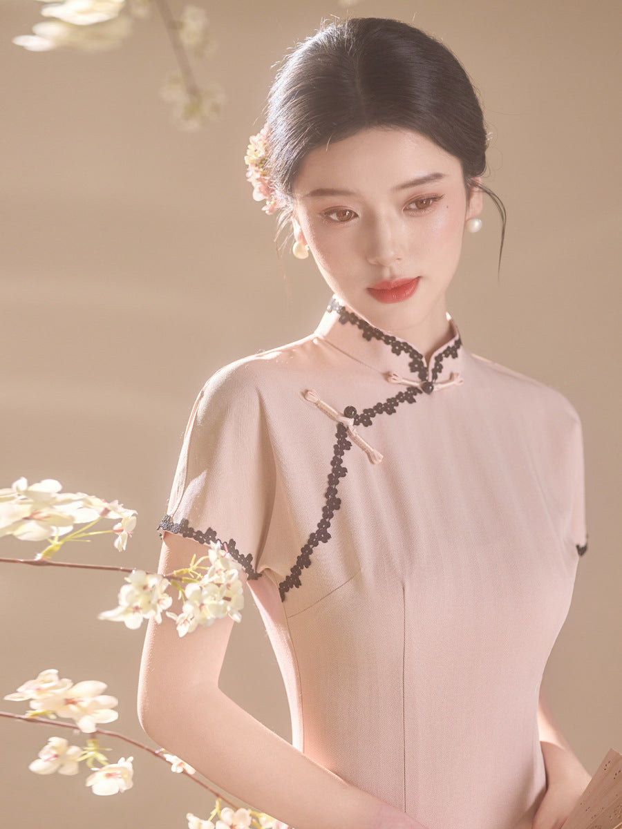 Pink Lace-Trim Qipao Midi Dress | Mandarin Collar Slim Cheongsam with Side Slit