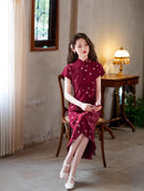 Wine-Red New-Chinese Qipao Dress | Mandarin Collar Slim Midi with Side Slits