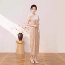 Beige  Short Sleeve Qipao Dress | Mandarin Collar Slim Midi Cheongsam