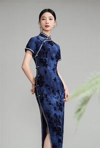 Indigo Vintage Chinese Plus-size Qipao Maxi | Mandarin Collar