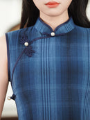 Summer Sleeveless Blue Vintage Qipao | Slim Fit Elegant Cheongsam Dress