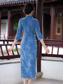 Blue Autumn-Winter Vintage Long-Sleeved Cheongsam Dress