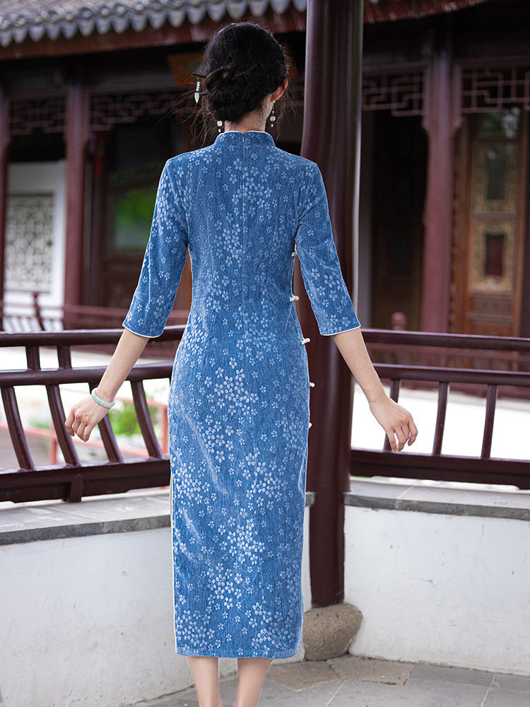 Blue Autumn-Winter Vintage Long-Sleeved Cheongsam Dress