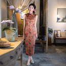 Dusty Rose Mist Floral Sleeveless Qipao Dress | Mandarin Collar Slim Midi Cheongsam
