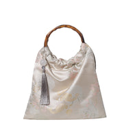 Elegant Floral Embroidered Silk Tote Bag With Bamboo Handle For Hanfu Styling