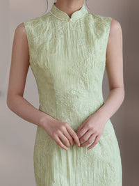 Mint Green Tonal Jacquard Sleeveless Qipao Maxi Dress | Mandarin Collar Slim Slit Cheongsam
