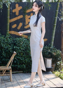 Ivory-Grey Striped Qipao Maxi Dress | Mandarin Collar & Frog Buttons
