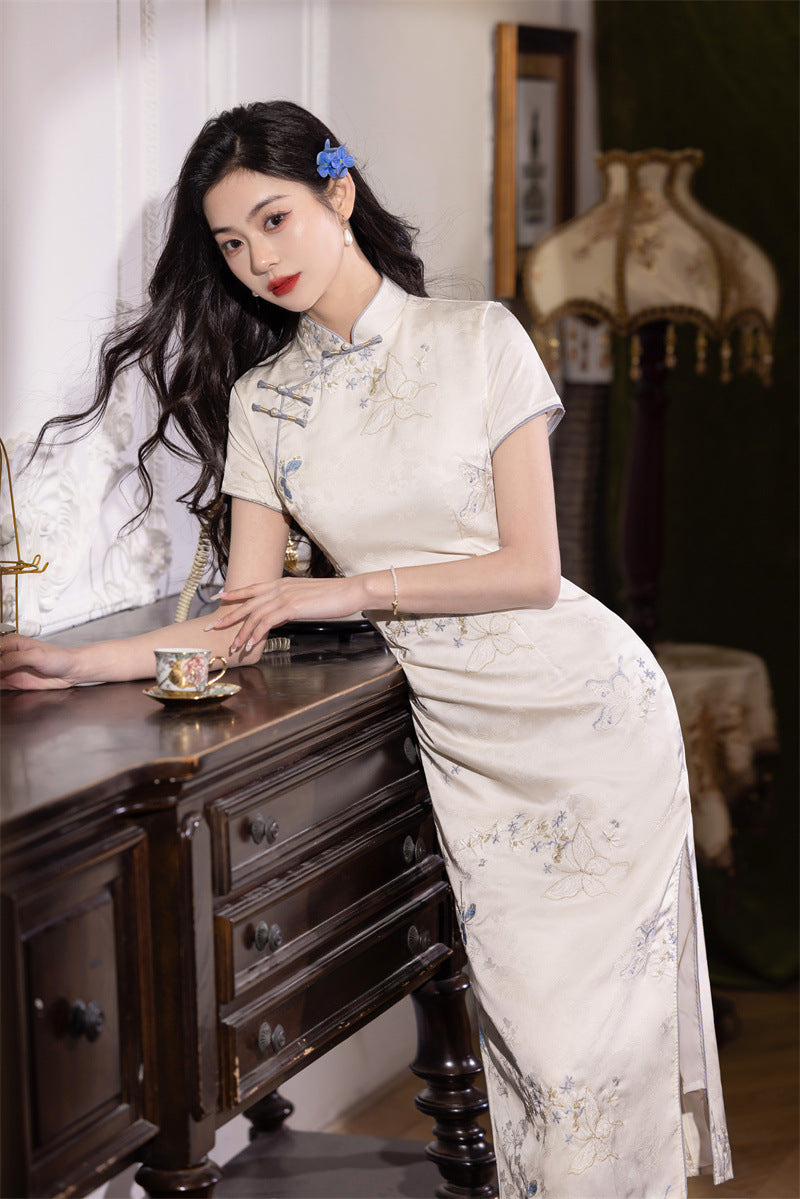 Ivory Embroidered Satin Long Qipao | Short-Sleeve Slim Silhouette