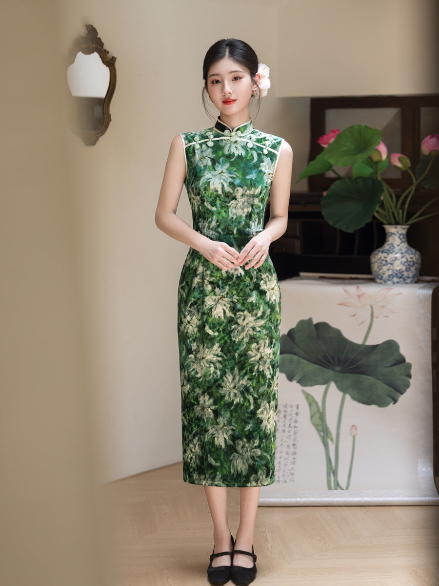 Vintage Green Sleeveless Qipao Long Dress