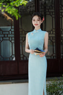 Aqua Jacquard Modern Qipao Maxi | Mandarin Neck with Floral Frog Buttons