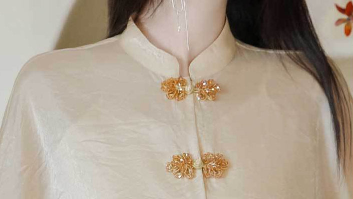 Cream Jacquard Mamian Skirt Set | Mandarin-Collar Puff-Sleeve Top