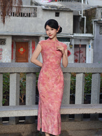 Pink Flocked Floral Print Sleeveless Mandarin Qipao Dress|Slim Mid Cheongsam