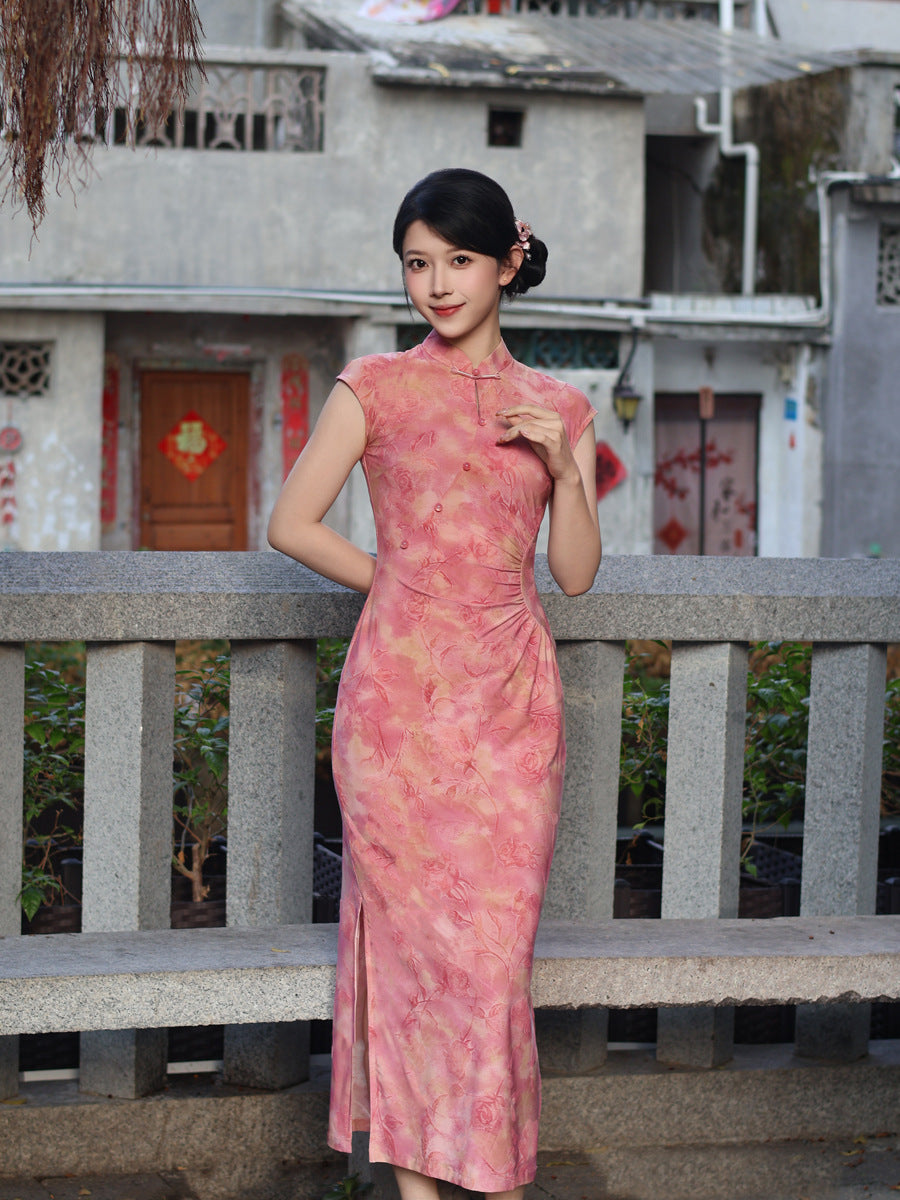 Pink Flocked Floral Print Sleeveless Mandarin Qipao Dress|Slim Mid Cheongsam