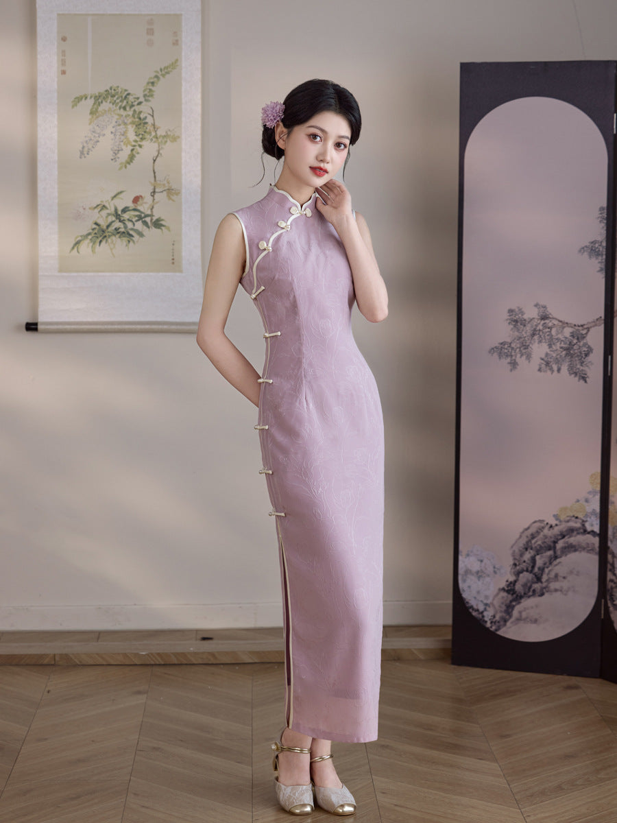 Lilac Jacquard Sleeveless Qipao Maxi Dress | Mandarin Collar Piped Slim Cheongsam