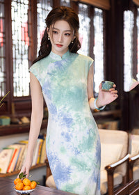 Chinese Ink Print Brocade Qipao | Slim-Fit Mandarin Collar Cheongsam
