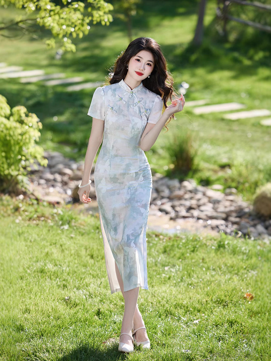 Fresh Watercolor Floral Qipao Long Dress | Short-Sleeve Slim Fit