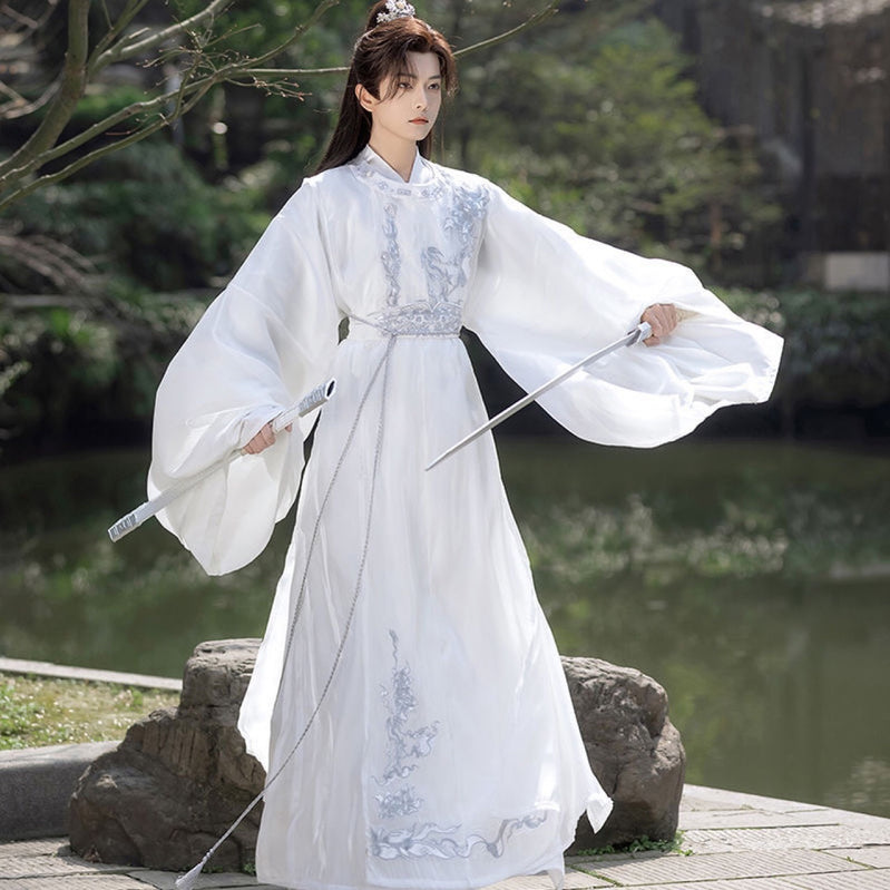 Traditional Chinese Hanfu Elegant White Silk Costume with Embroidered Designs for Men