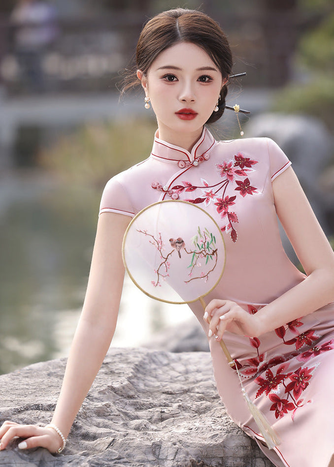 New Chinese Dusty Pink Embroidered Qipao Dress | Mandarin Collar Slim Midi with Side Slit