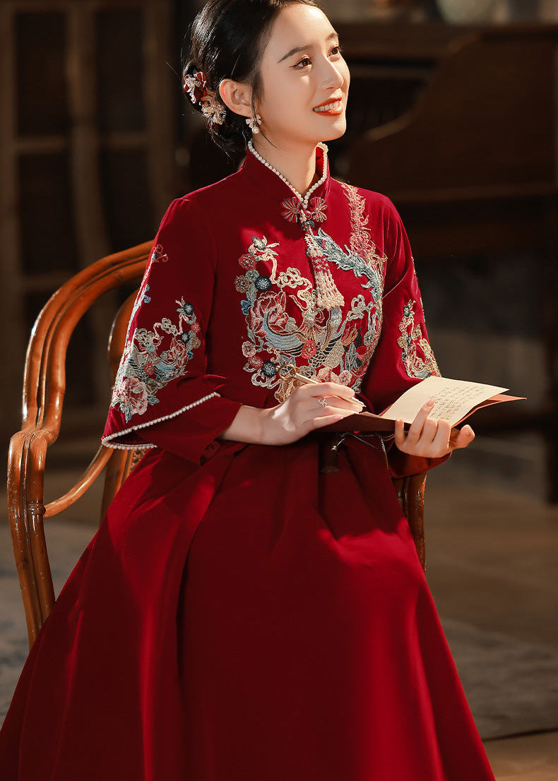 Red Embroidered Maternity Chinese Style Gown | Mandarin Collar 3/4 Sleeves