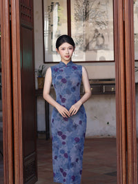 Blue Rose Floral Print Sleeveless Slim Mandarin Qipao Dress