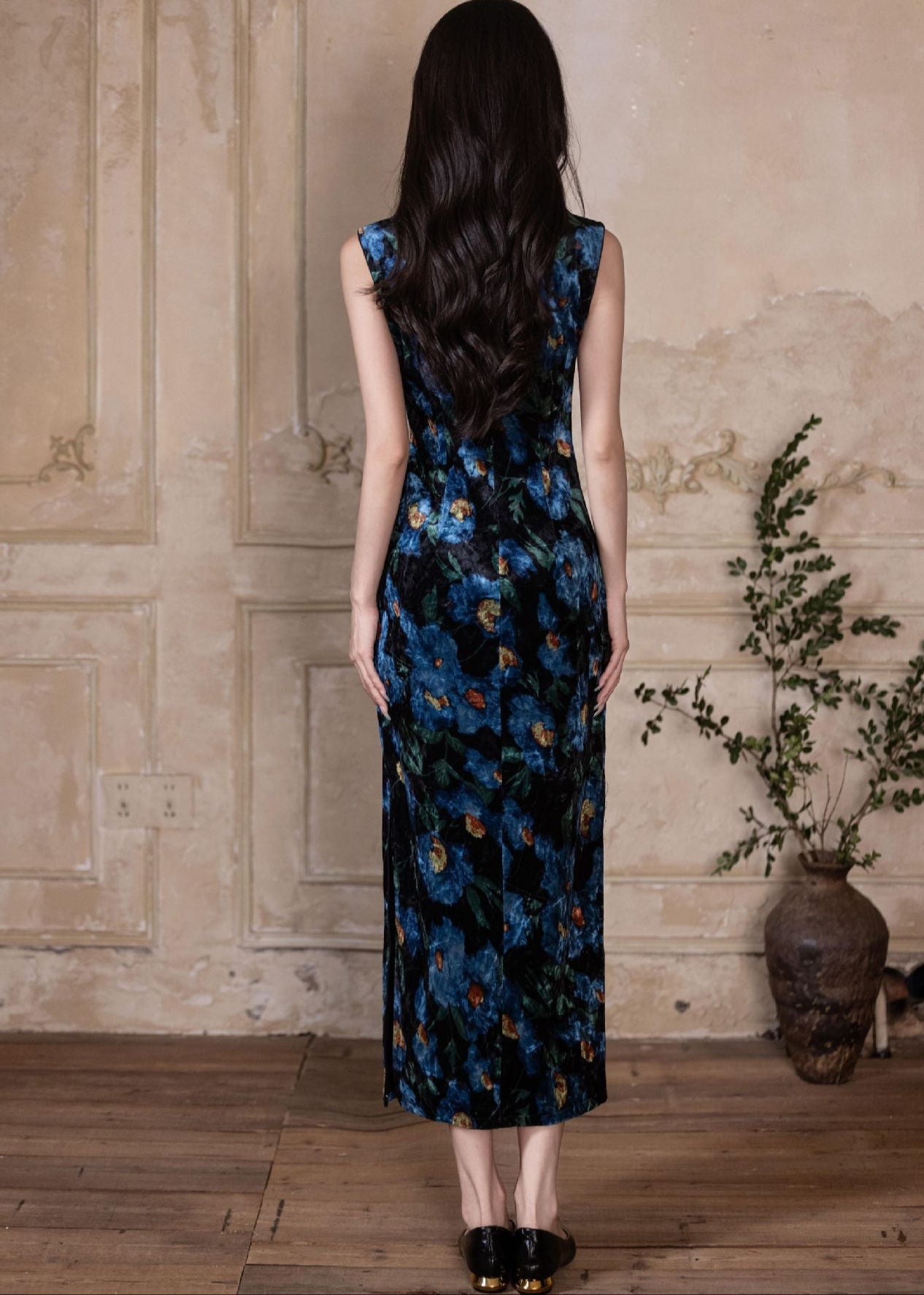 Blue Floral Vintage Sleeveless Slim Qipao Dress