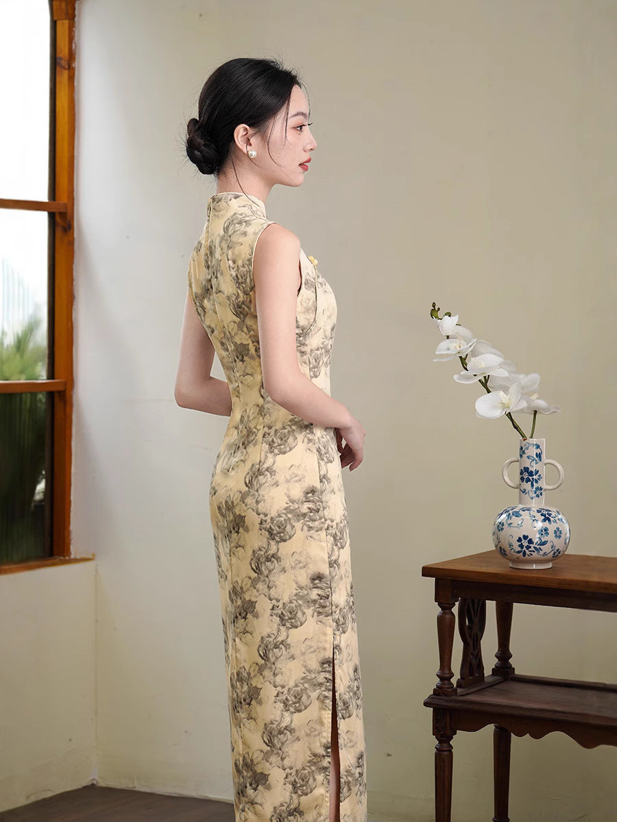 优雅花卉印花旗袍 - 女士无袖传统旗袍