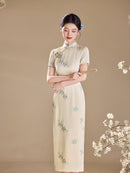 Ivory Blue Floral Embroidered Short Sleeve Qipao Maxi Dress | Mandarin Collar Slit Cheongsam