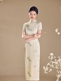 Ivory Blue Floral Embroidered Short Sleeve Qipao Maxi Dress | Mandarin Collar Slit Cheongsam