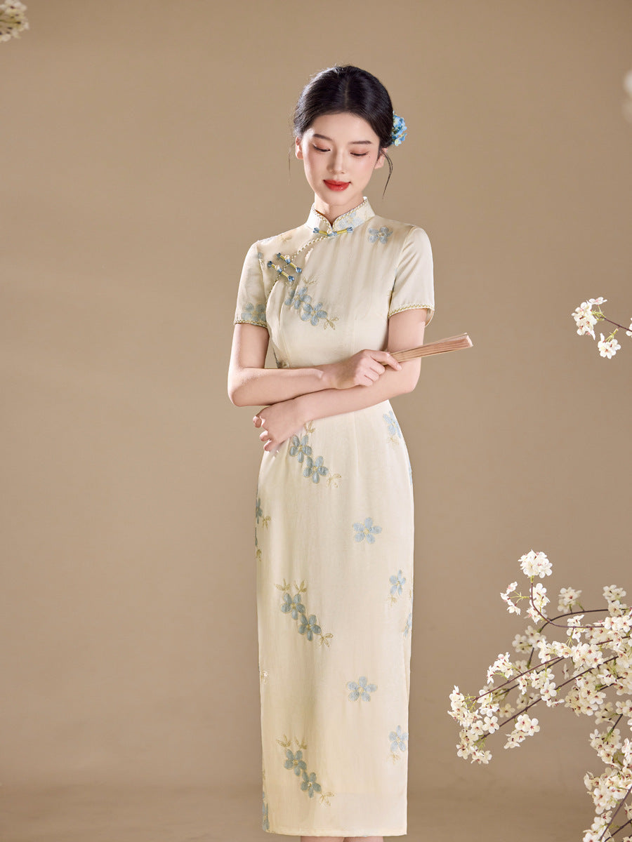 Ivory Blue Floral Embroidered Short Sleeve Qipao Maxi Dress | Mandarin Collar Slit Cheongsam