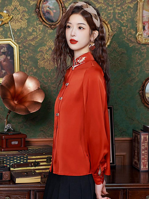 Elegant Chinese Style Silk Blouse with Embroidered Details for Hanfu Pairing