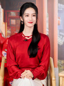 红上衣白裙现代中式时尚套装